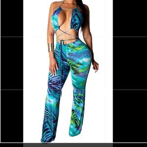 Open Strap Blue Bodycon Jumpsuit, S